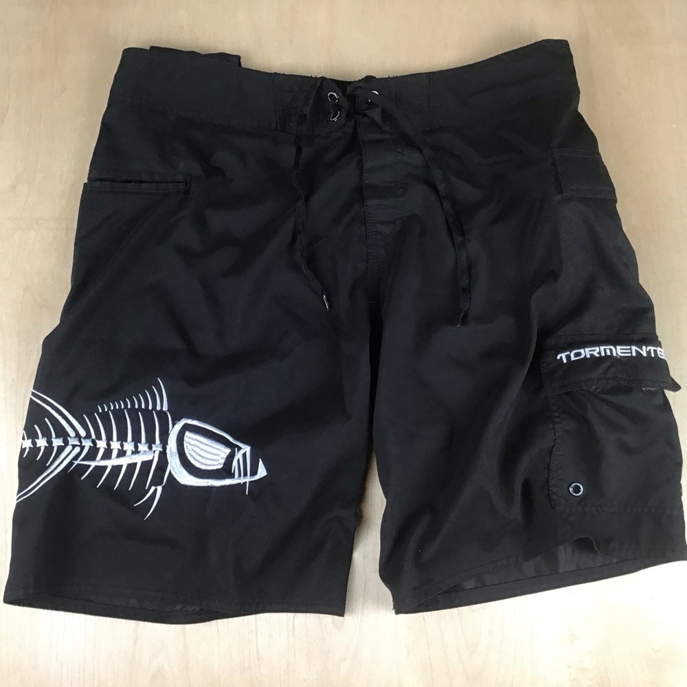 Tormenter Mens Size 36 Skeleton Fish Bone Swim Board Shorts With Pockets Black